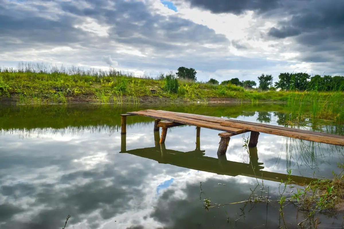 Natural swimming pond with a wooden jetty
