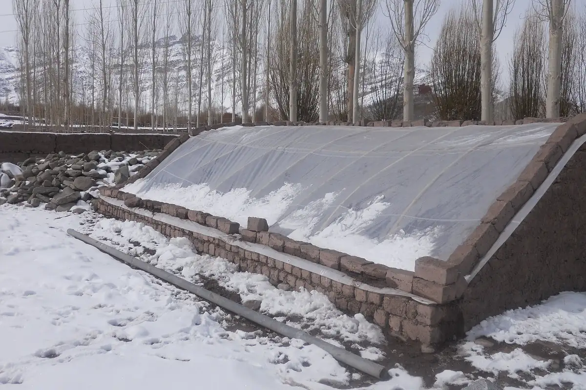 Passive solar greenhouse with a mud-brick north wall in winter, Leh, Ladakh