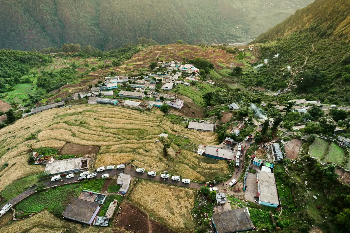 Hill village among terraced farms